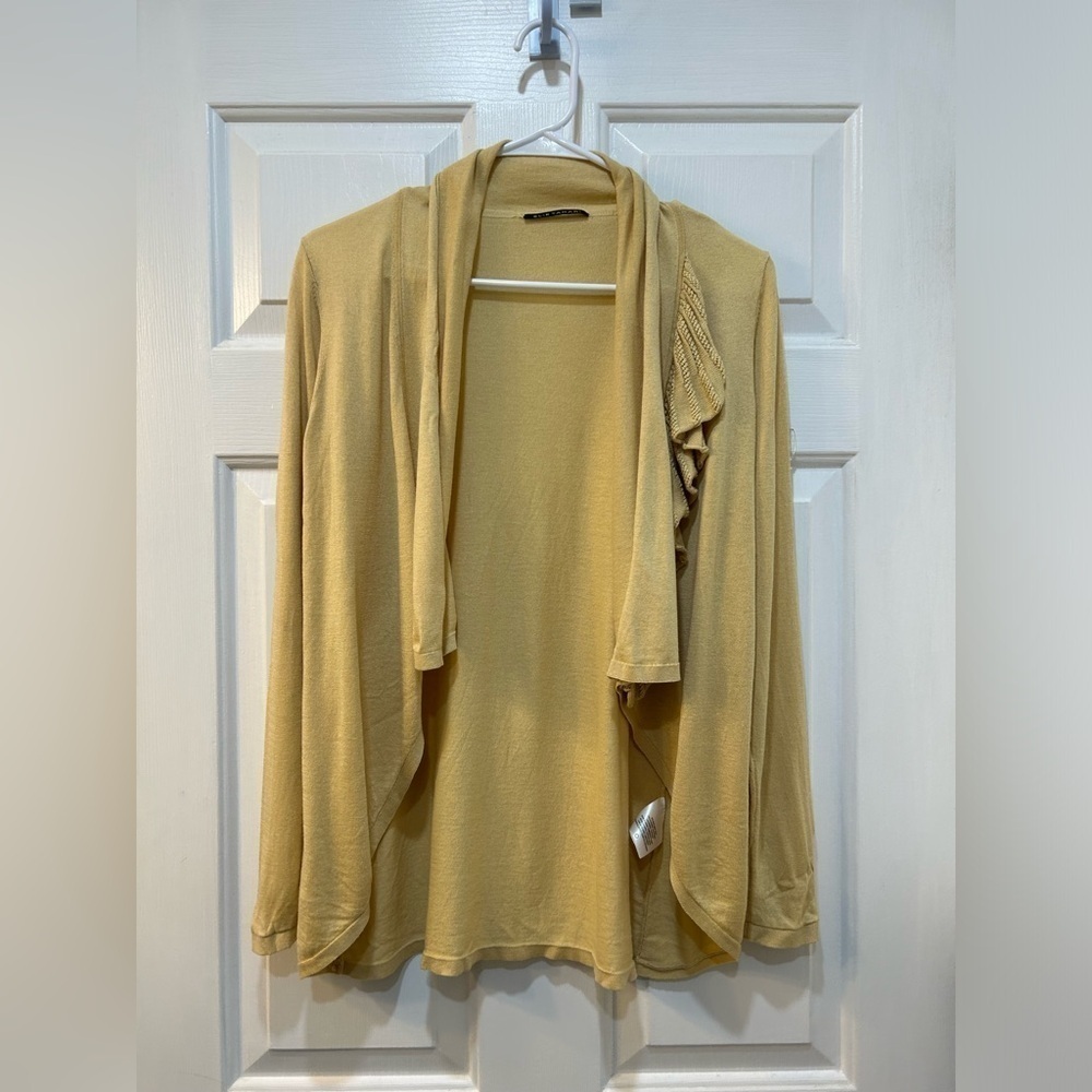 Elie Tahari Silk Cashmere Blend Cardigan Golden Yellow Side Ruffle Preppy Hi Lo - Picture 5 of 8